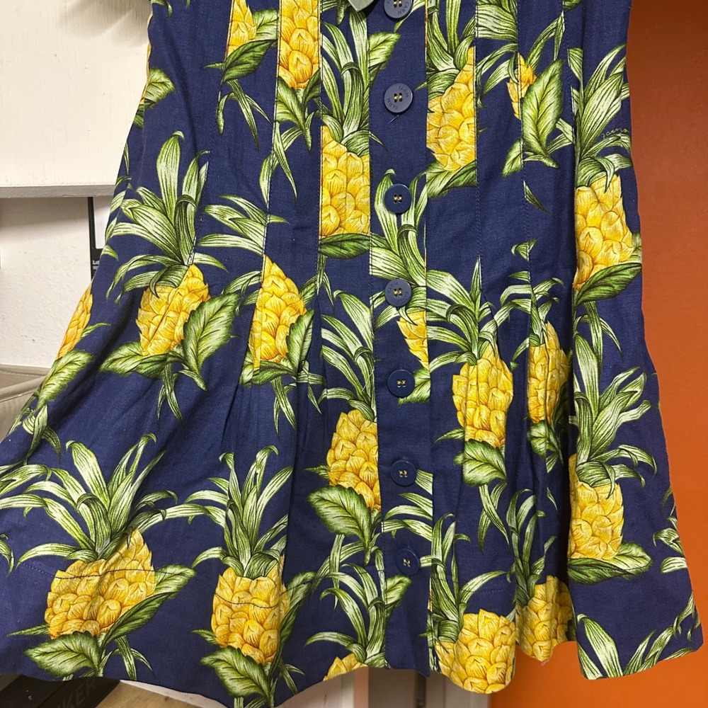NWT Farm Rio Navy Blue Pineapple Print Puff Sleeve Mini Pleated Dress Sz S Linen - Picture 4 of 9